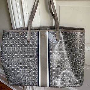 Tory Burch PVC large tote bag in beige and black with chain link design.